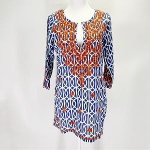 Gretchen Scott Geometric Embroidered Cotton Tunic Top Split Neck Shirt